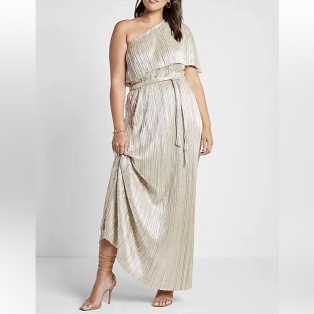 Express x Rachel Zoe pleated gold maxi dress